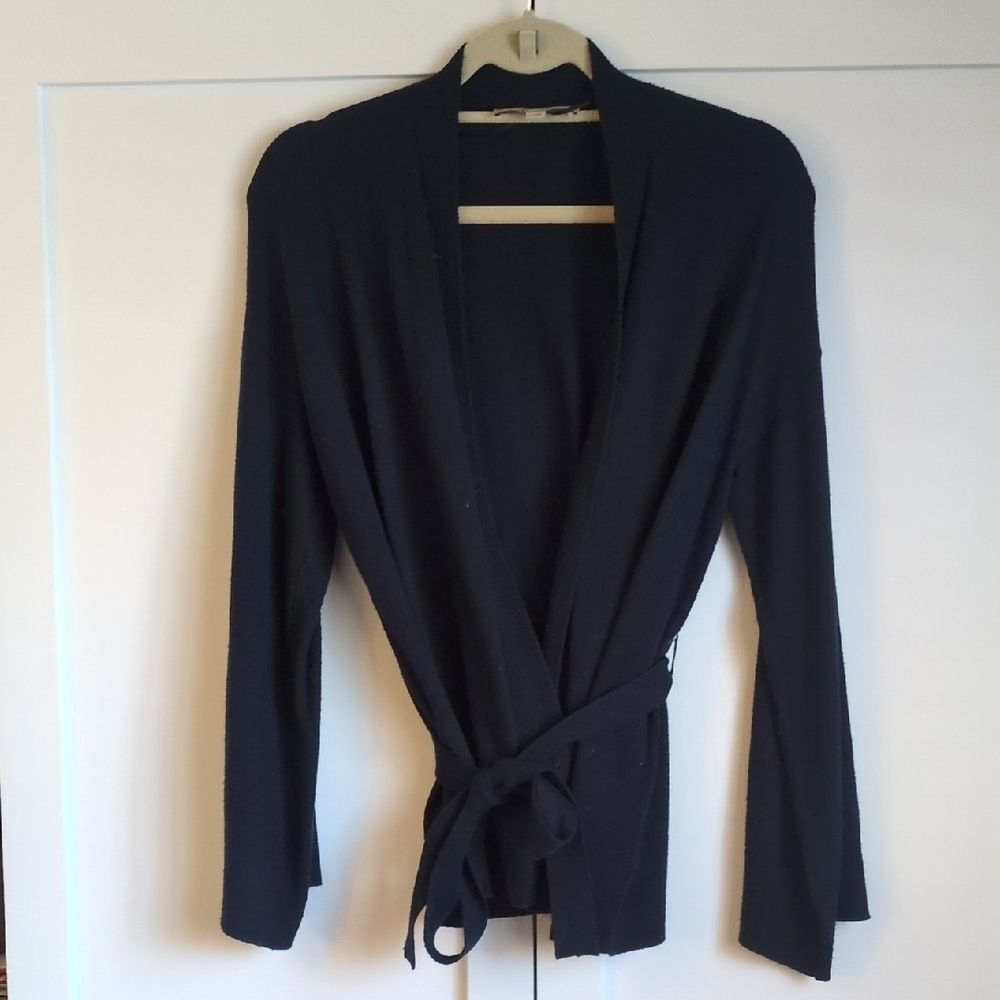 LOFT Navy Kimono Wrap Cardigan Sweater Women's Medium Belted Cozy